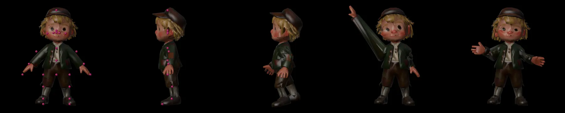 Fem visninger av 3D-modellen av Askeladden i Blender: med rosa punkter der leddene er målt, fra siden, gående, vinkende og pekende.
