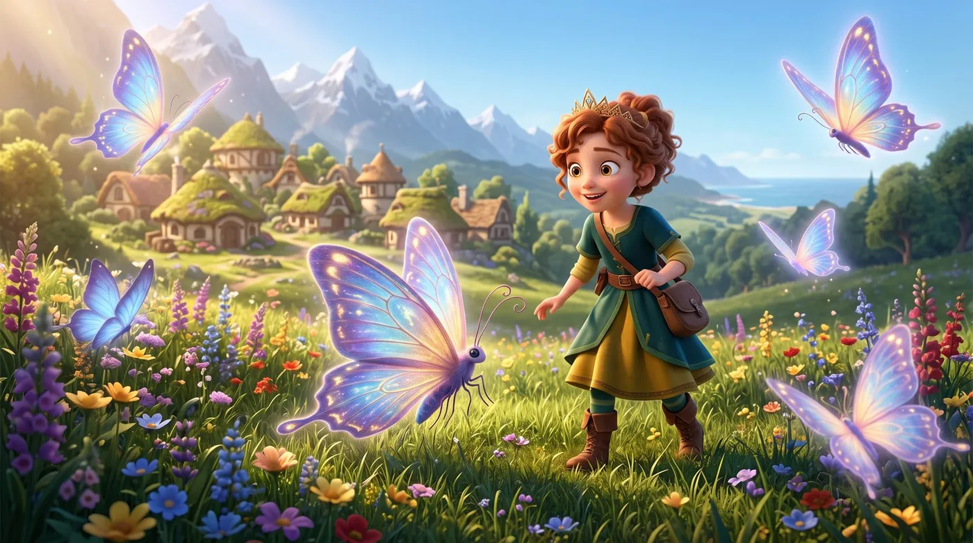 Konseptbilde i animasjonsfilmstil: en jente med krone løper gjennom en blomstereng med store lysende sommerfugler, en landsby med mosetak og snødekte fjell bak.