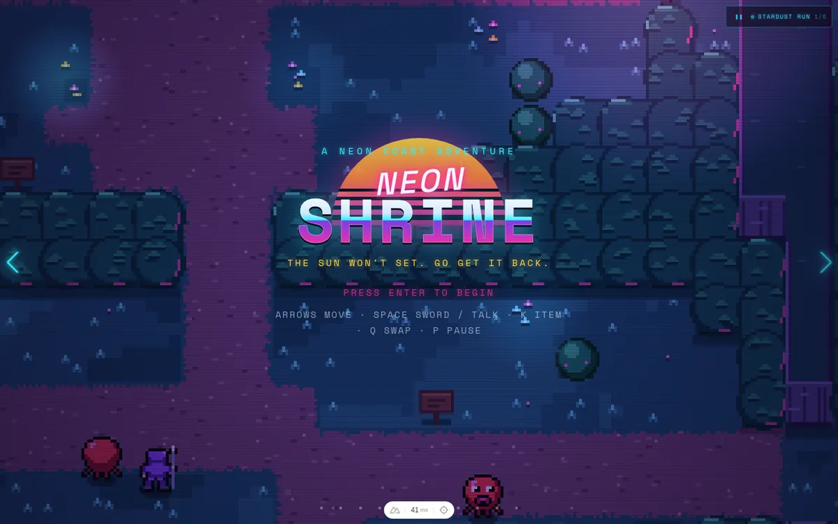 Tittelskjermen: NEON SHRINE i rosa og cyan pikselskrift over en stripete synthwave-sol.